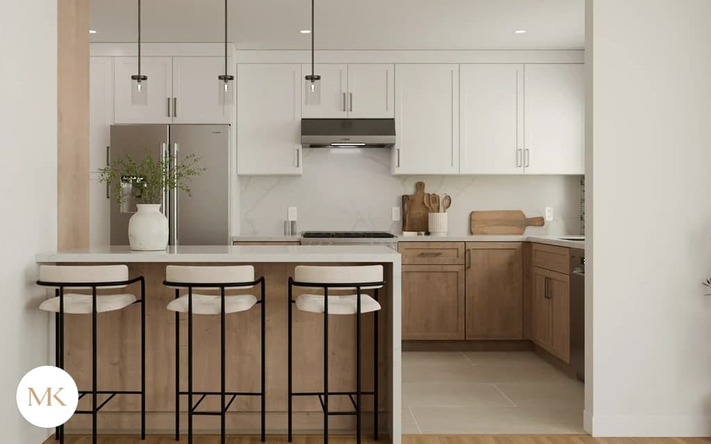 3D rendering of a kitchen with white upper cabinets, wood lower cabinets and a peninsula with three stools