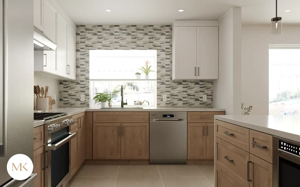 3D rendering of the same kitchen, looking toward the sink and the window