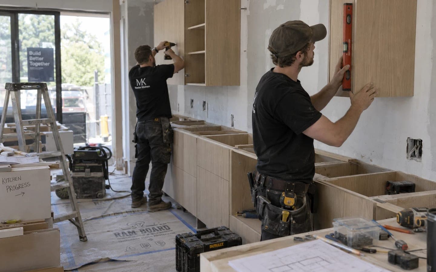 Two Master Kitchen installers fitting oak cabinets in a kitchen, one checking a wall cabinet with a level