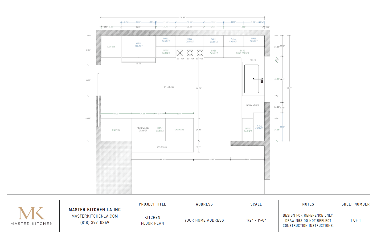A dimensioned kitchen floor plan by Master Kitchen with every cabinet labelled