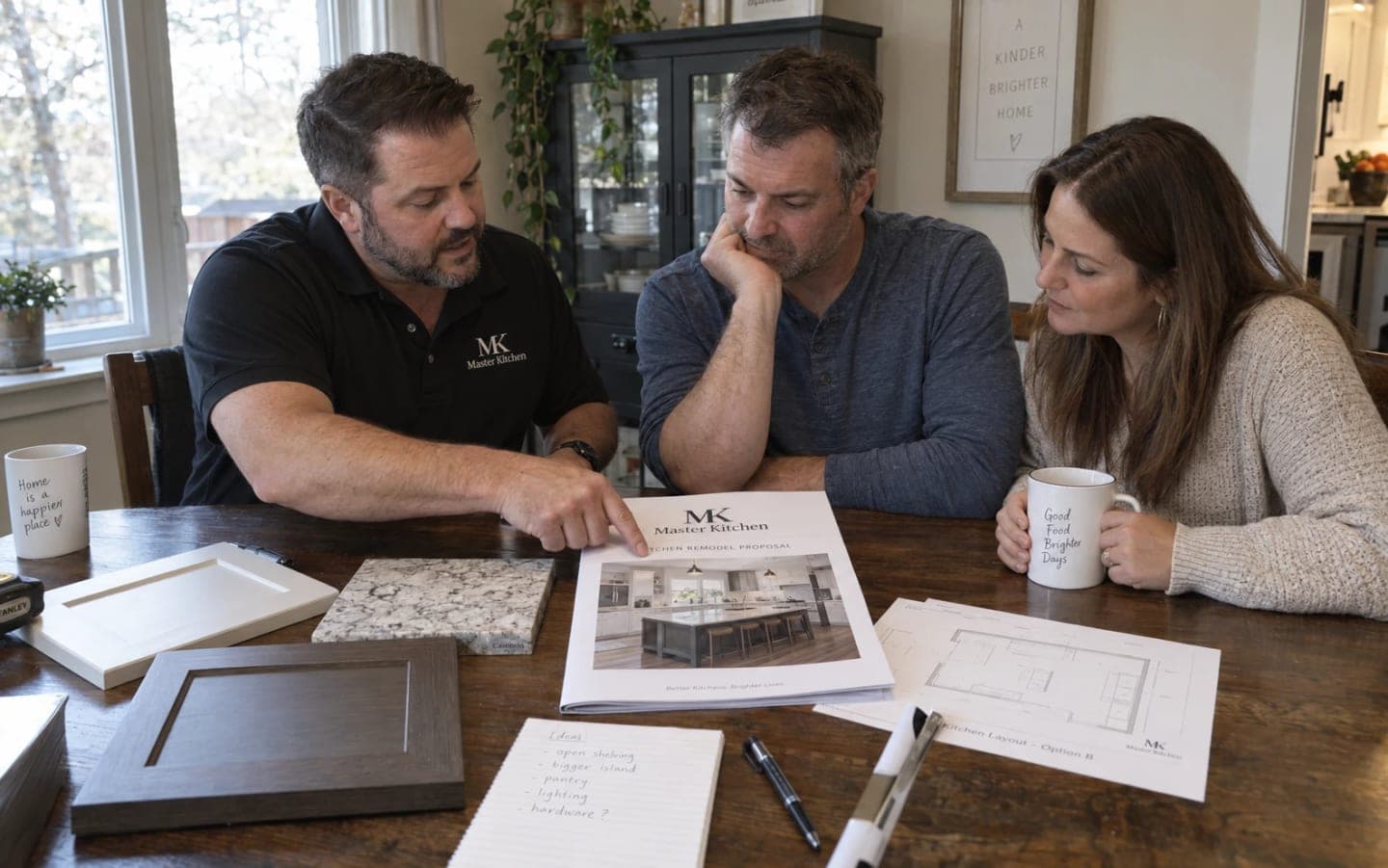 A Master Kitchen contractor going through a kitchen remodel proposal with a couple at their dining table, beside cabinet door and stone samples