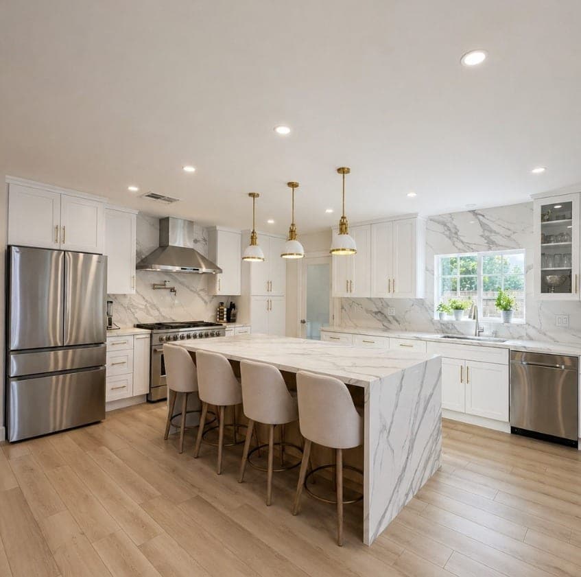 Woodland Hills kitchen with white Shaker cabinetry, a marble waterfall island and brass pendants